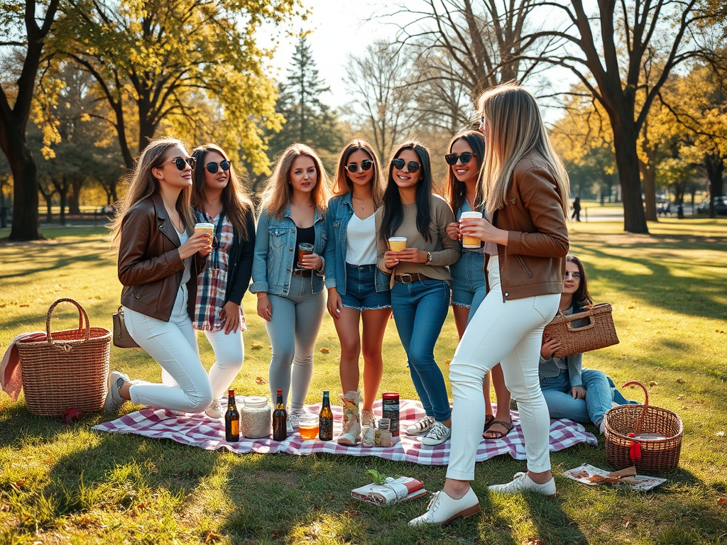 Grupa kobiet bawiących się na pikniku w parku, trzymających napoje i uśmiechających się do aparatu.