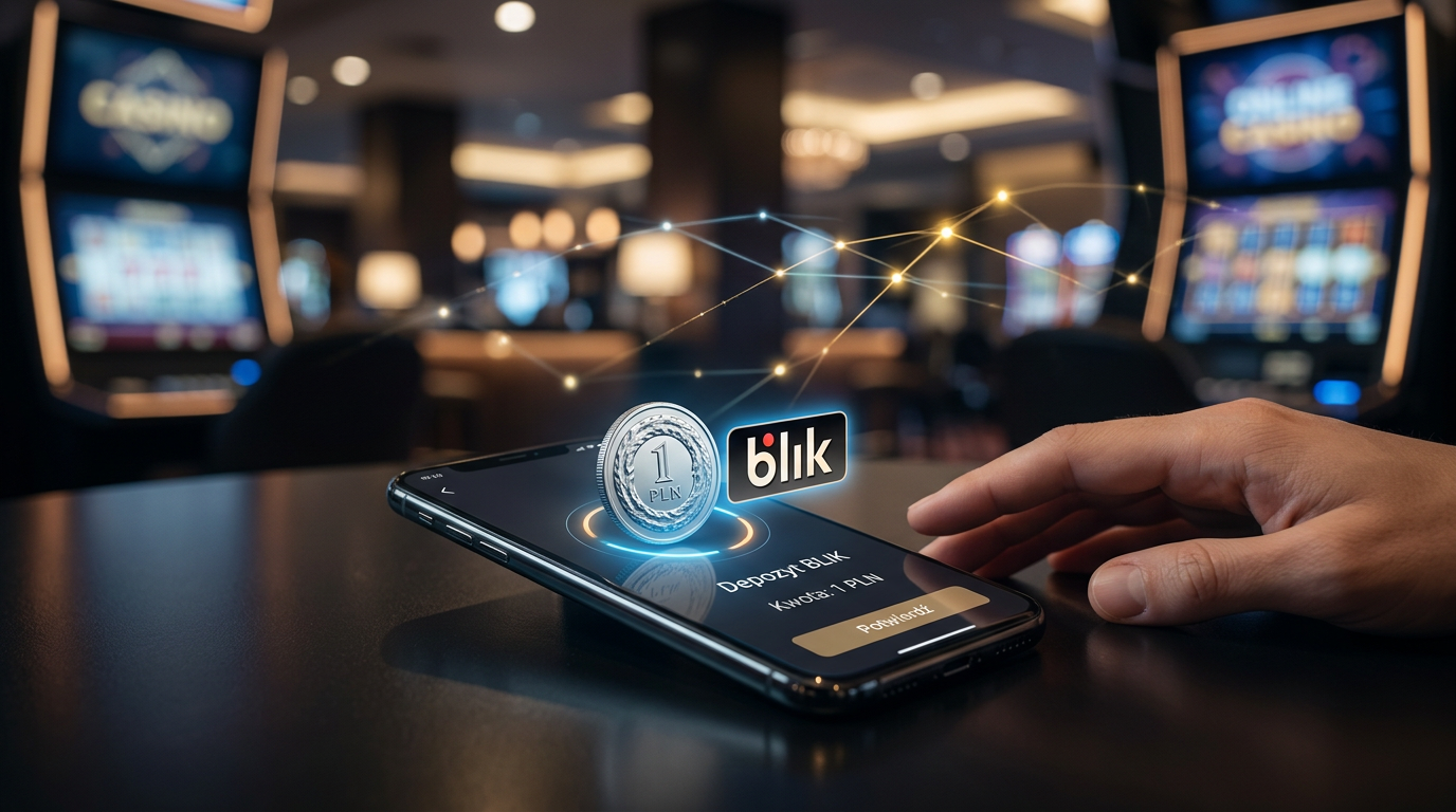 Złota moneta 1 zł i logo Blik na smartfonie w nowoczesnym kasynie online